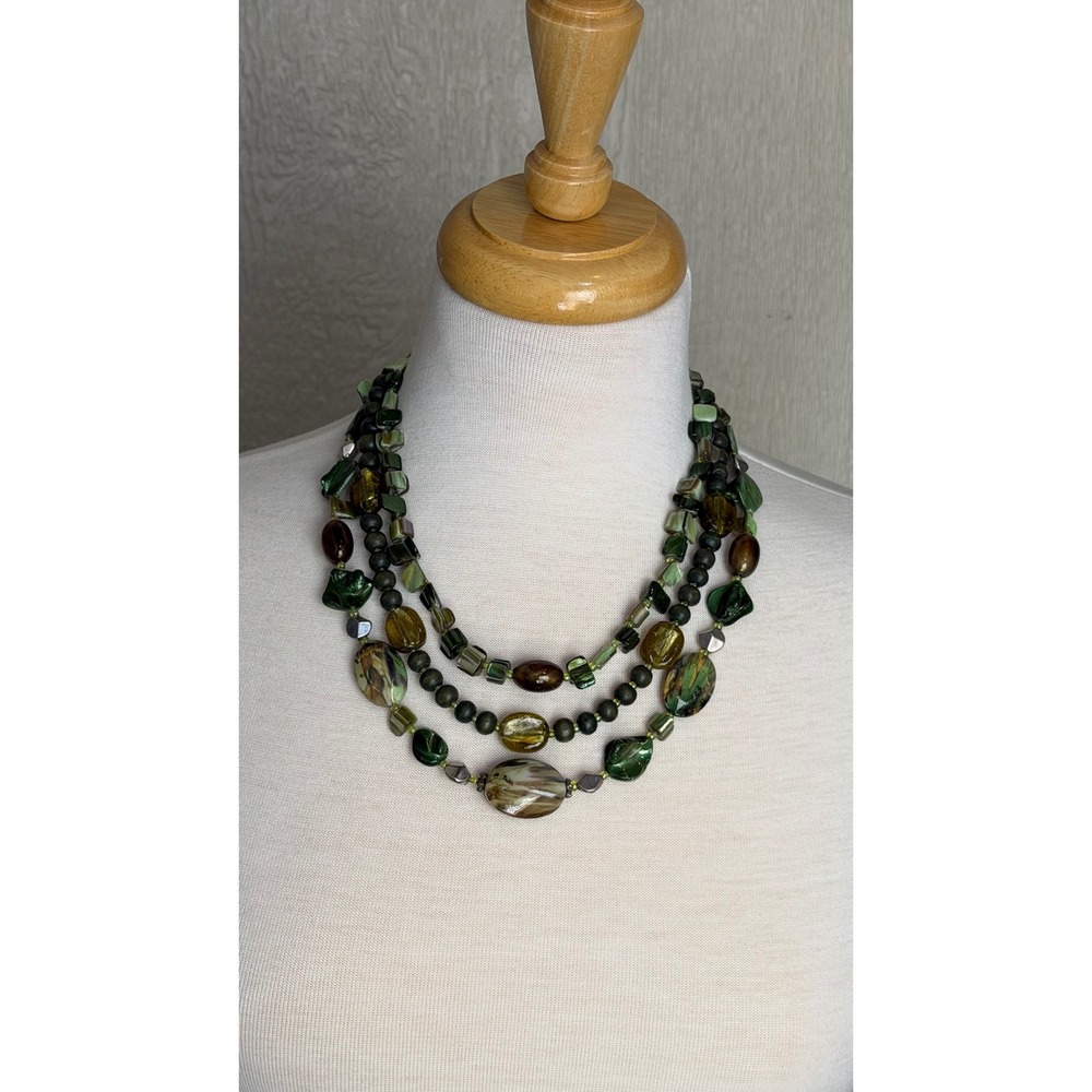Green Multi Strand Beaded Statement Necklace Earthy Boho Mixed Media 3 Layer